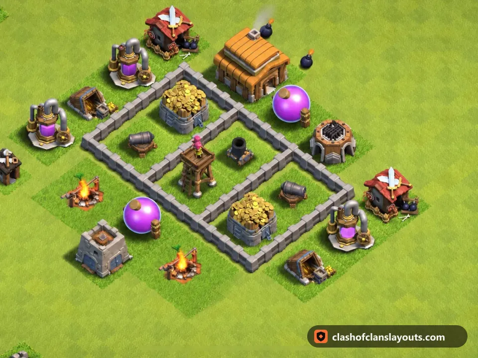 TH3 Hybrid Base Layout 97: Clash of Clans Town Hall 3 hybrid base layout, full base picture
