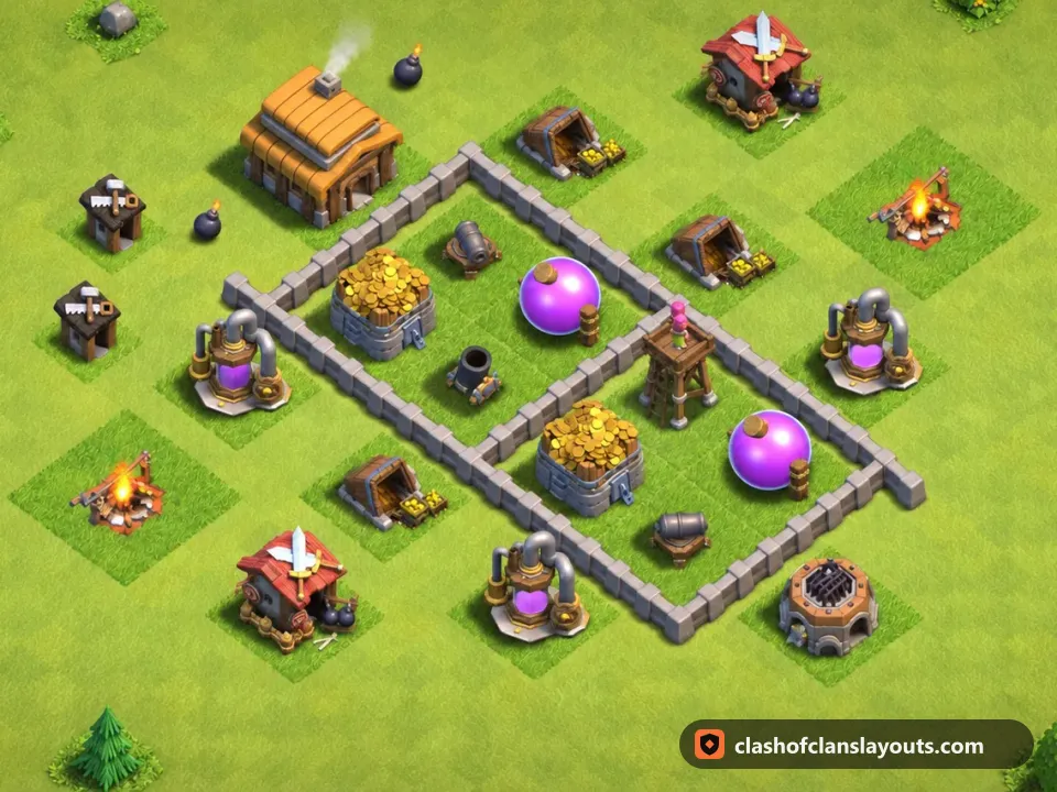 TH3 Hybrid Base Layout 98: Clash of Clans Town Hall 3 hybrid base layout, full base picture