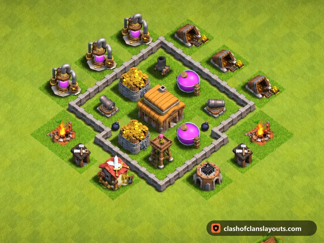 TH3 Trophy Base Layout 100: Clash of Clans Town Hall 3 trophy base layout, full base picture