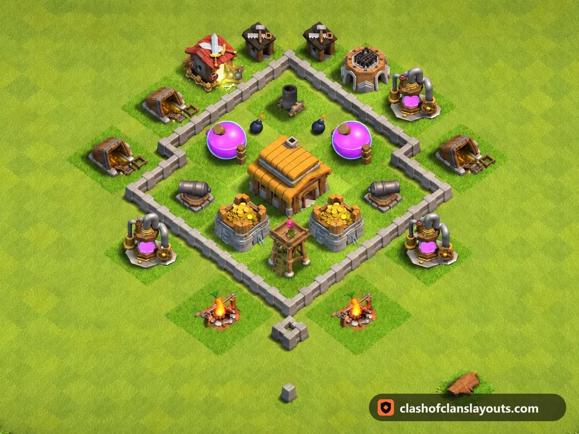 TH3 Trophy Base Layout 102: Clash of Clans Town Hall 3 trophy base layout, full base picture