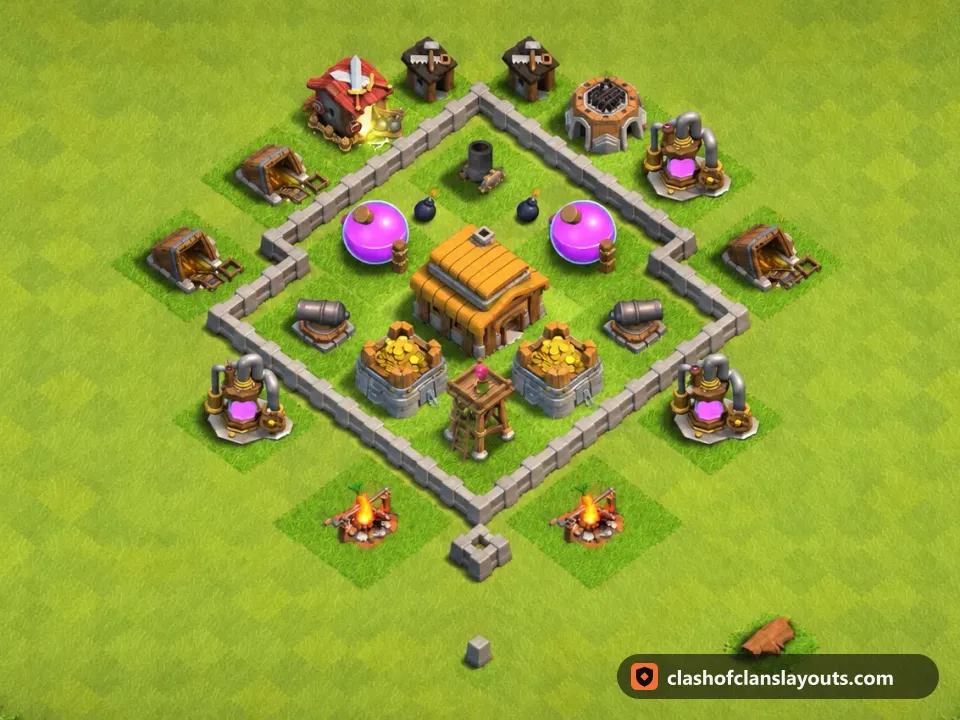 TH3 Trophy Base Layout 102: Clash of Clans Town Hall 3 trophy base layout, full base picture