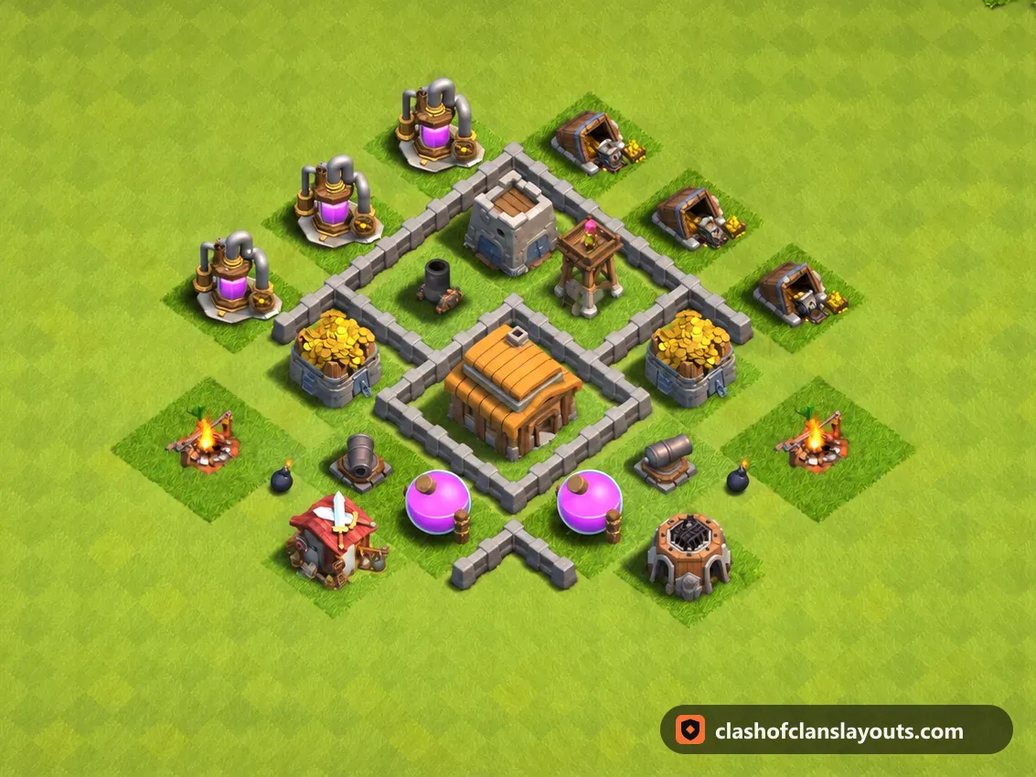 TH3 Trophy Base Layout 103: Clash of Clans Town Hall 3 trophy base layout, full base picture