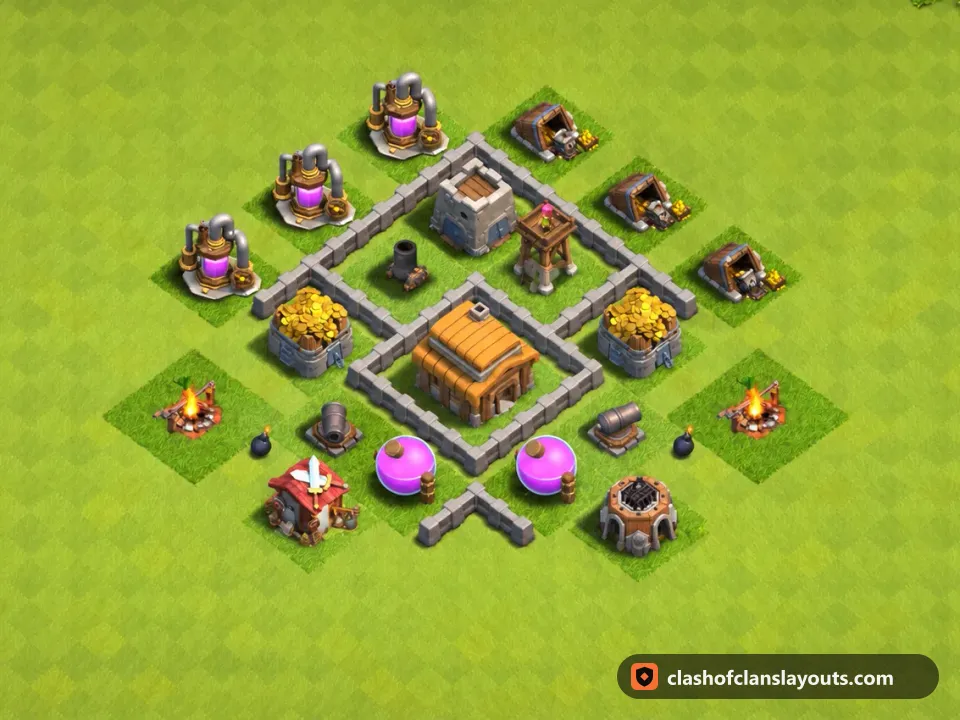TH3 Trophy Base Layout 103: Clash of Clans Town Hall 3 trophy base layout, full base picture
