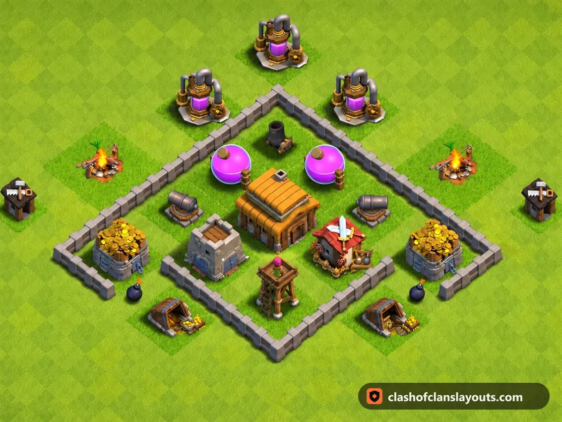 TH3 Trophy Base Layout 104: Clash of Clans Town Hall 3 trophy base layout, full base picture