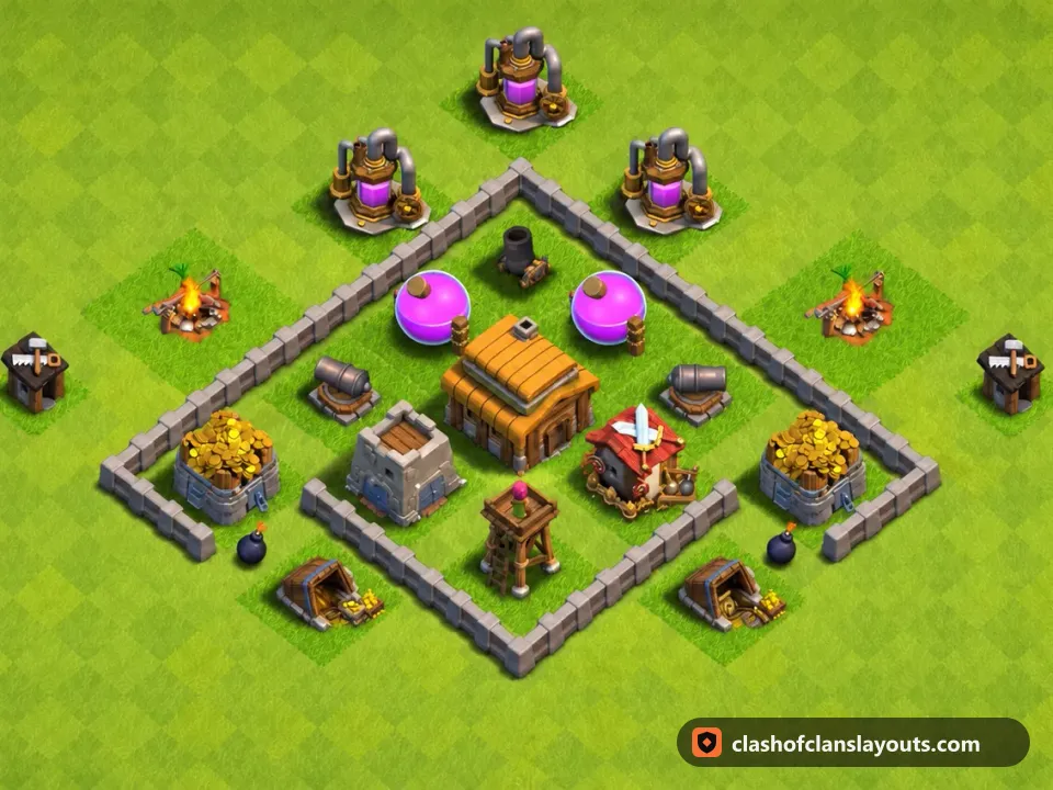 TH3 Trophy Base Layout 104: Clash of Clans Town Hall 3 trophy base layout, full base picture