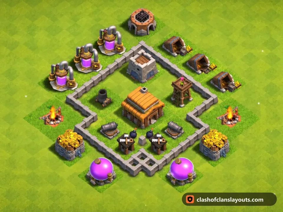 TH3 Trophy Base Layout 90: Clash of Clans Town Hall 3 trophy base layout, full base picture