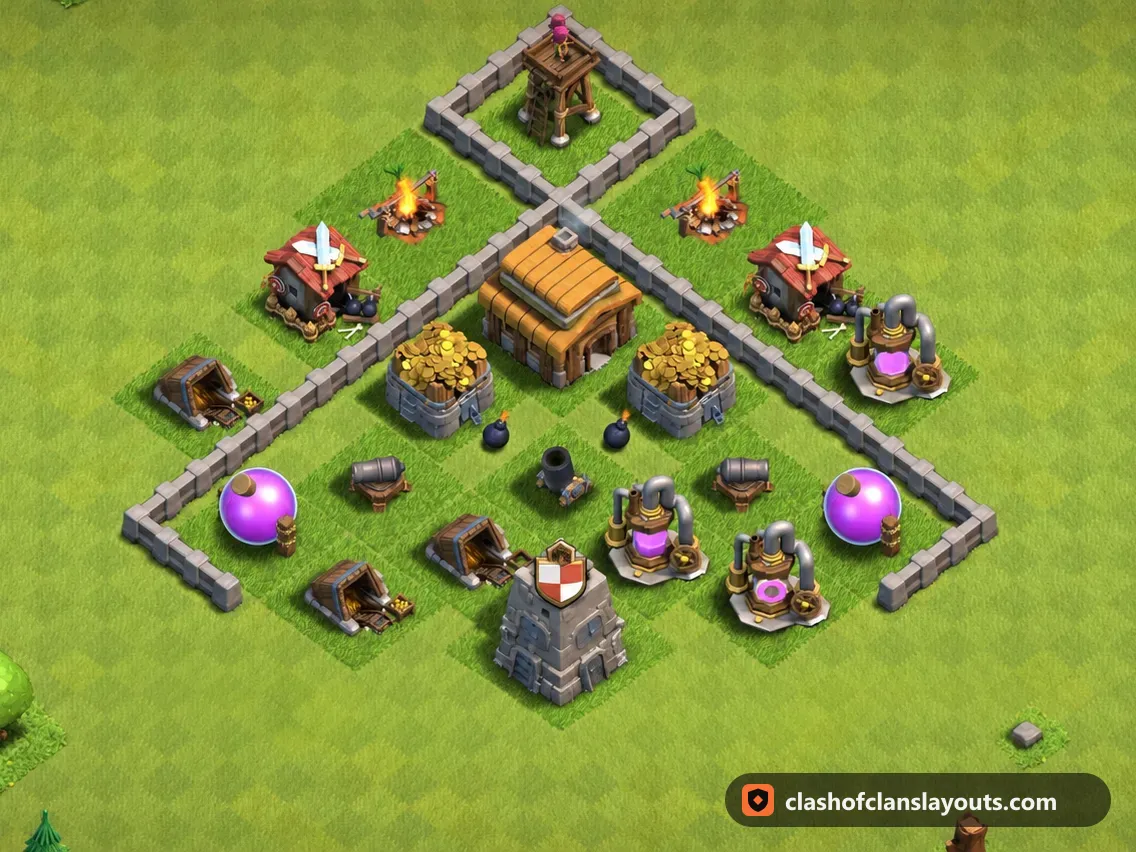 TH3 Trophy Base Layout 92: Clash of Clans Town Hall 3 trophy base layout, full base picture