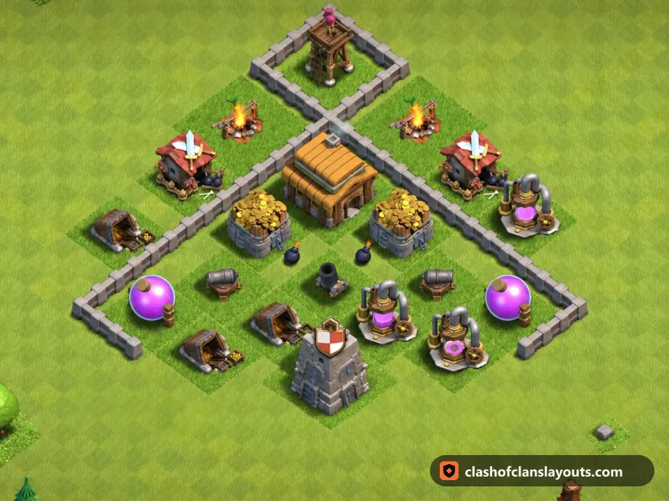 TH3 Trophy Base Layout 92: Clash of Clans Town Hall 3 trophy base layout, full base picture