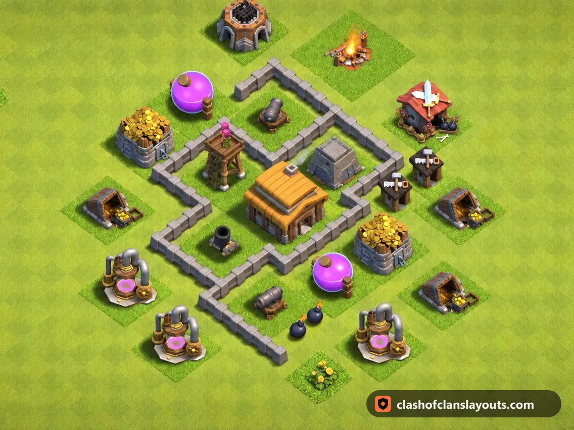 TH3 Trophy Base Layout 93: Clash of Clans Town Hall 3 trophy base layout, full base picture