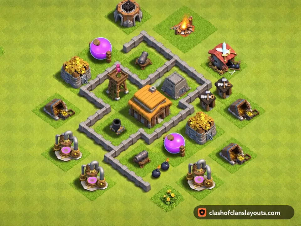 TH3 Trophy Base Layout 93: Clash of Clans Town Hall 3 trophy base layout, full base picture