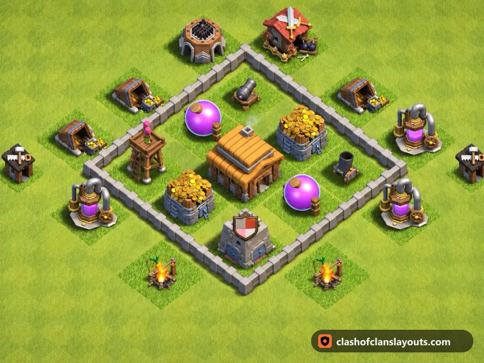 TH3 Trophy Base Layout 94: Clash of Clans Town Hall 3 trophy base layout, full base picture