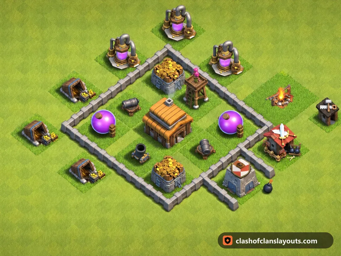 Base de Trofeos TH3 95: diseño de base de trofeos para Ayuntamiento 3 de Clash of Clans, imagen completa de la base
