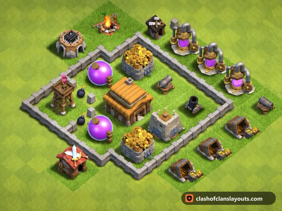 TH3 Trophy Base Layout 96: Clash of Clans Town Hall 3 trophy base layout, full base picture