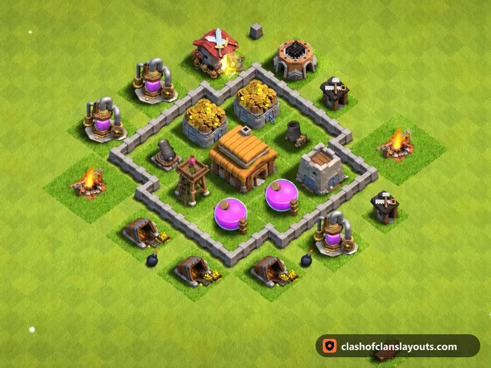 TH3 Trophy Base Layout 98: Clash of Clans Town Hall 3 trophy base layout, full base picture
