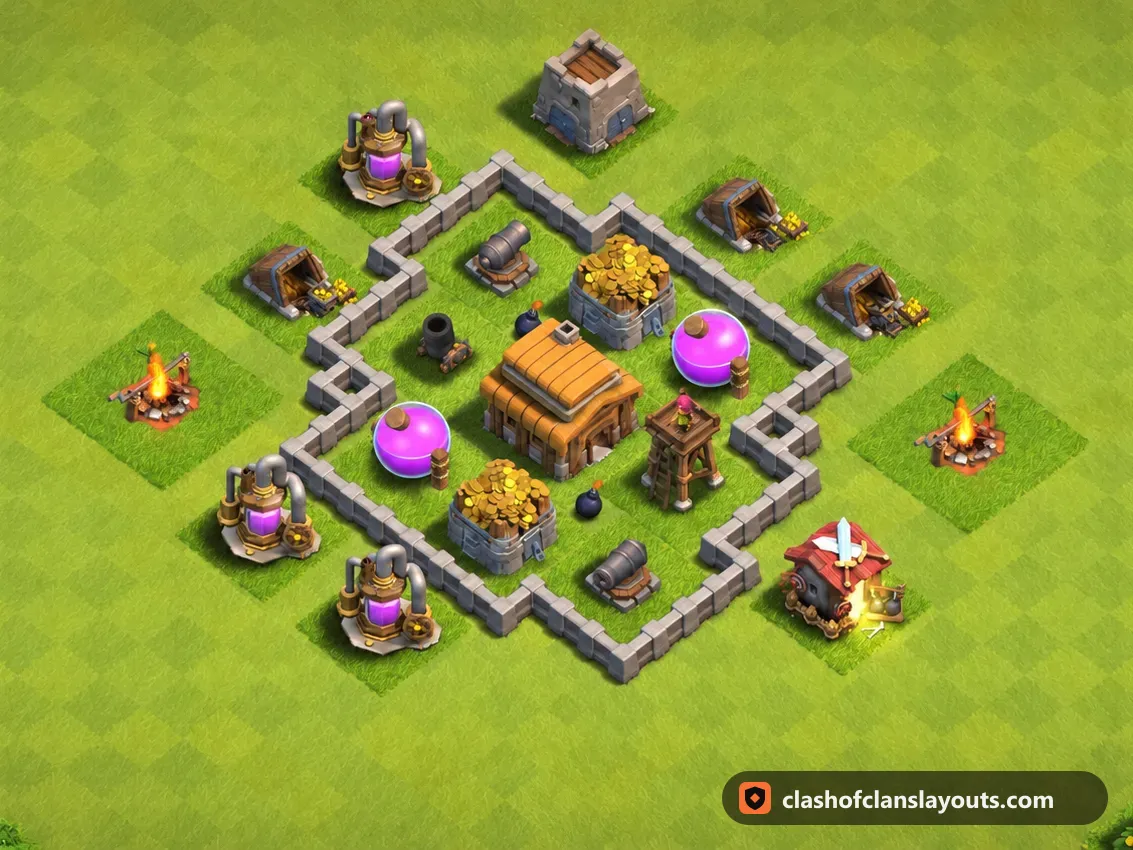 Base Trofi TH3 99: layout base Trofi Clash of Clans Town Hall 3, gambar base lengkap