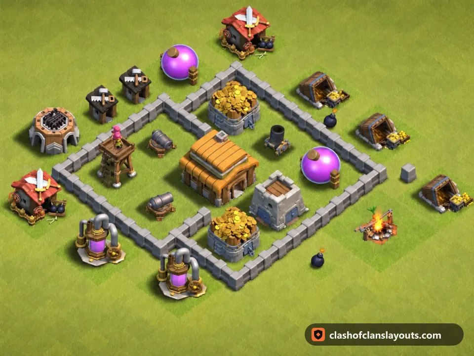 TH3 War Base Layout 12: Clash of Clans Town Hall 3 war base layout, full base picture