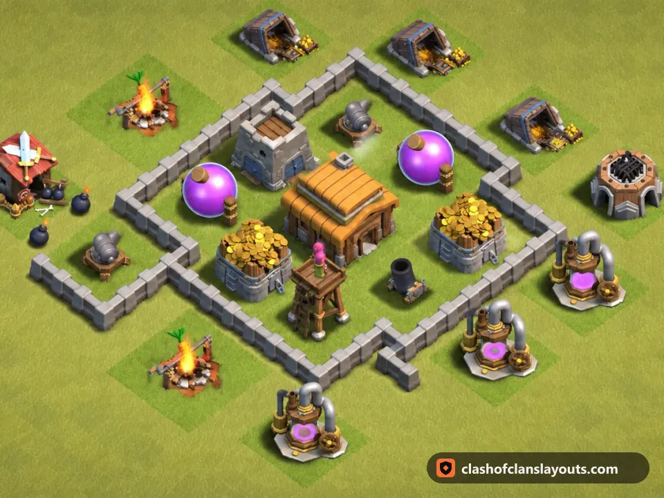 TH3 War Base Layout 13: Clash of Clans Town Hall 3 war base layout, full base picture