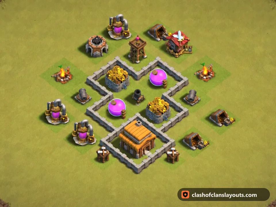TH3 War Base Layout 14: Clash of Clans Town Hall 3 war base layout, full base picture
