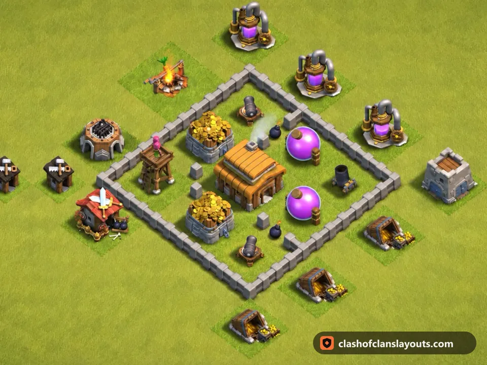 TH3 War Base Layout 15: Clash of Clans Town Hall 3 war base layout, full base picture