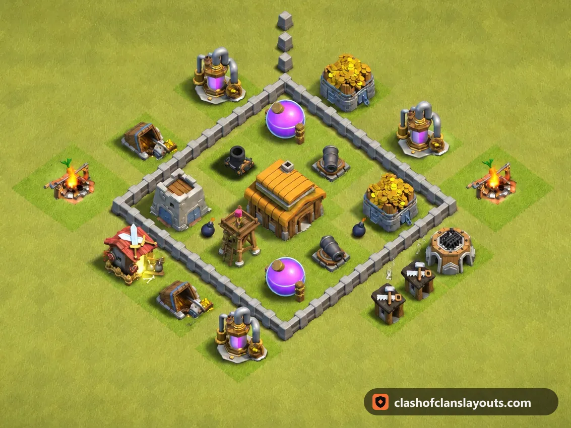 TH3 War Base Layout 16: Clash of Clans Town Hall 3 war base layout, full base picture
