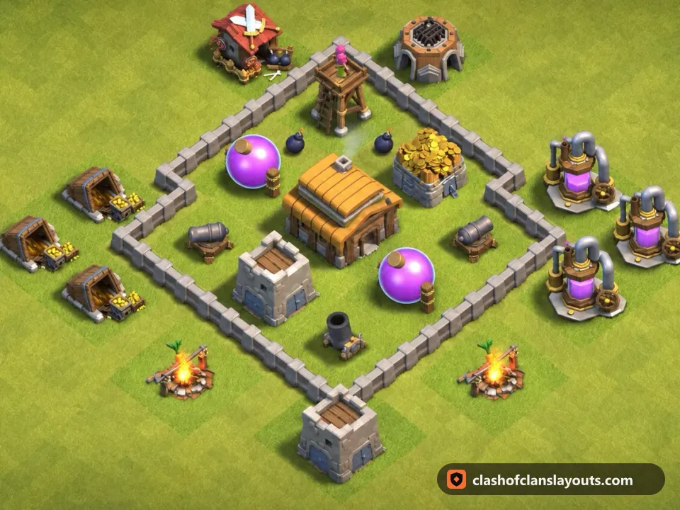 TH3 War Base Layout 17: Clash of Clans Town Hall 3 war base layout, full base picture