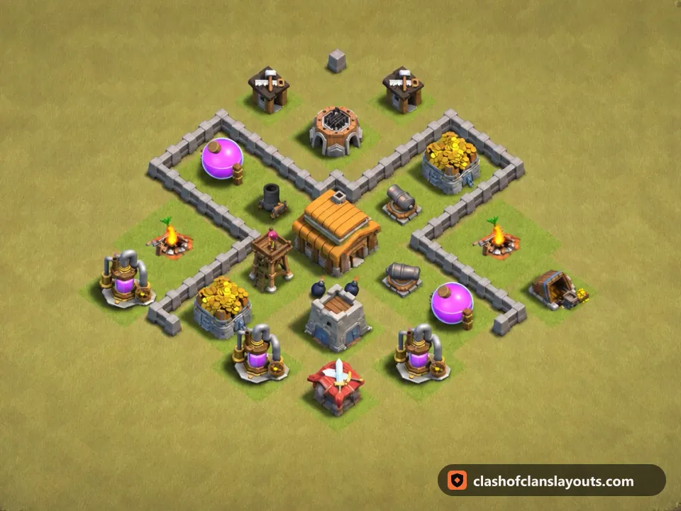 TH3 War Base Layout 18: Clash of Clans Town Hall 3 war base layout, full base picture