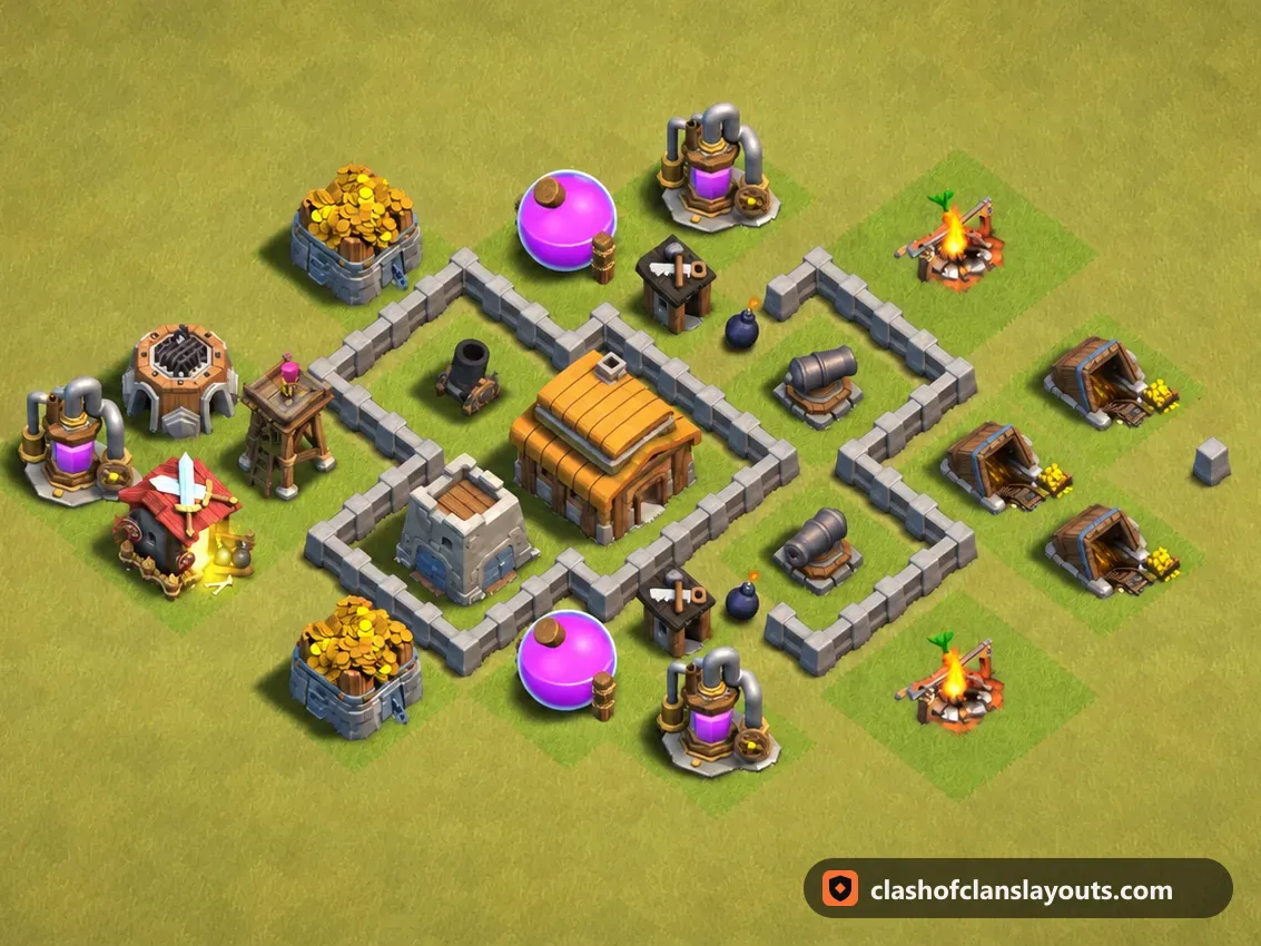 TH3 War Base Layout 21: Clash of Clans Town Hall 3 war base layout, full base picture