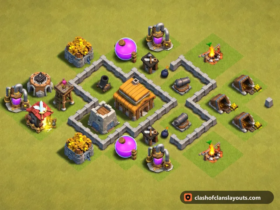 TH3 War Base Layout 21: Clash of Clans Town Hall 3 war base layout, full base picture