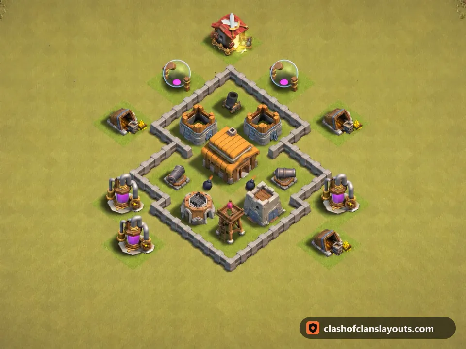 TH3 War Base Layout 22: Clash of Clans Town Hall 3 war base layout, full base picture