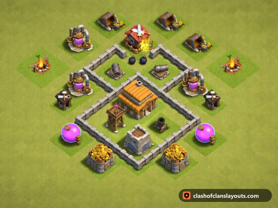 TH3 War Base Layout 23: Clash of Clans Town Hall 3 war base layout, full base picture