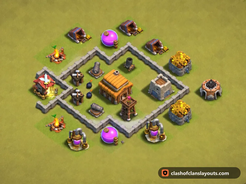 TH3 War Base Layout 24: Clash of Clans Town Hall 3 war base layout, full base picture