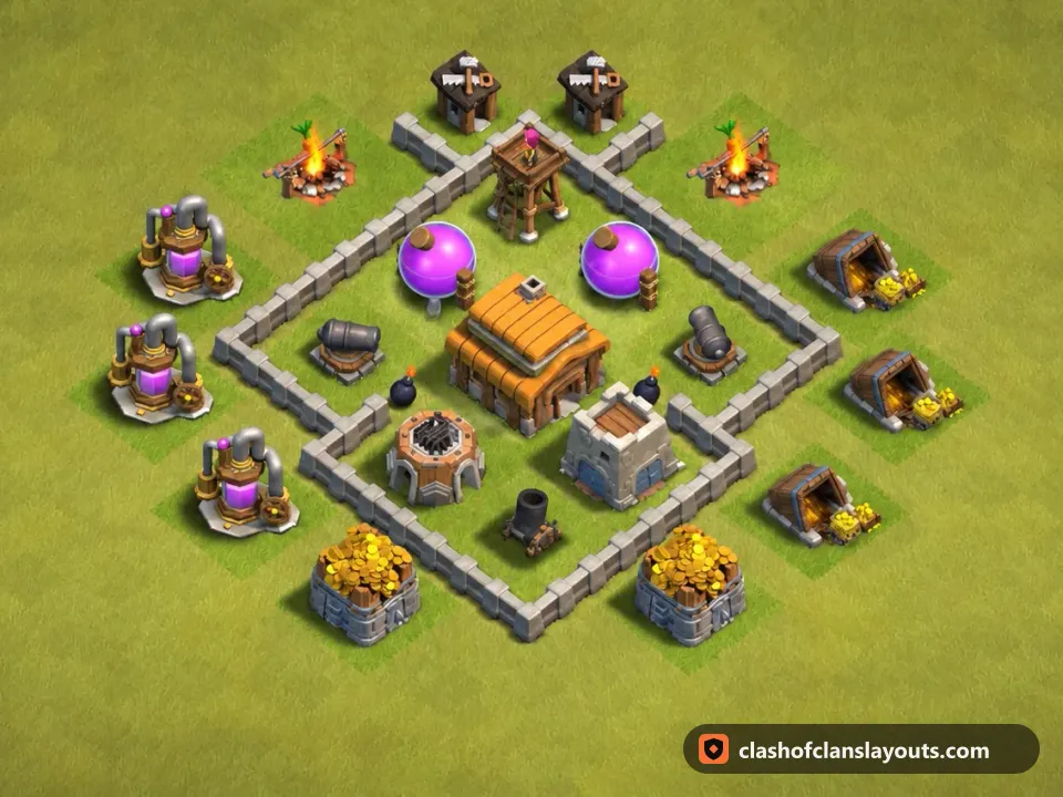 TH3 War Base Layout 26: Clash of Clans Town Hall 3 war base layout, full base picture