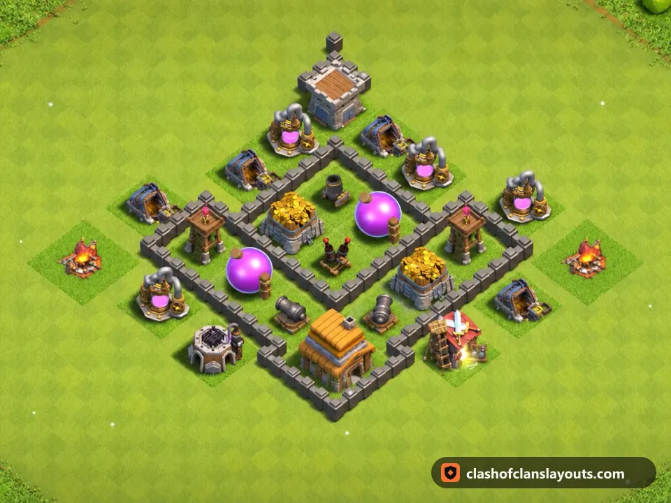 TH4 Farm Base Layout 109: Clash of Clans Town Hall 4 farm base layout, full base picture