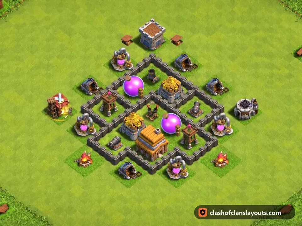 TH4 Farm Base Layout 110: Clash of Clans Town Hall 4 farm base layout, full base picture