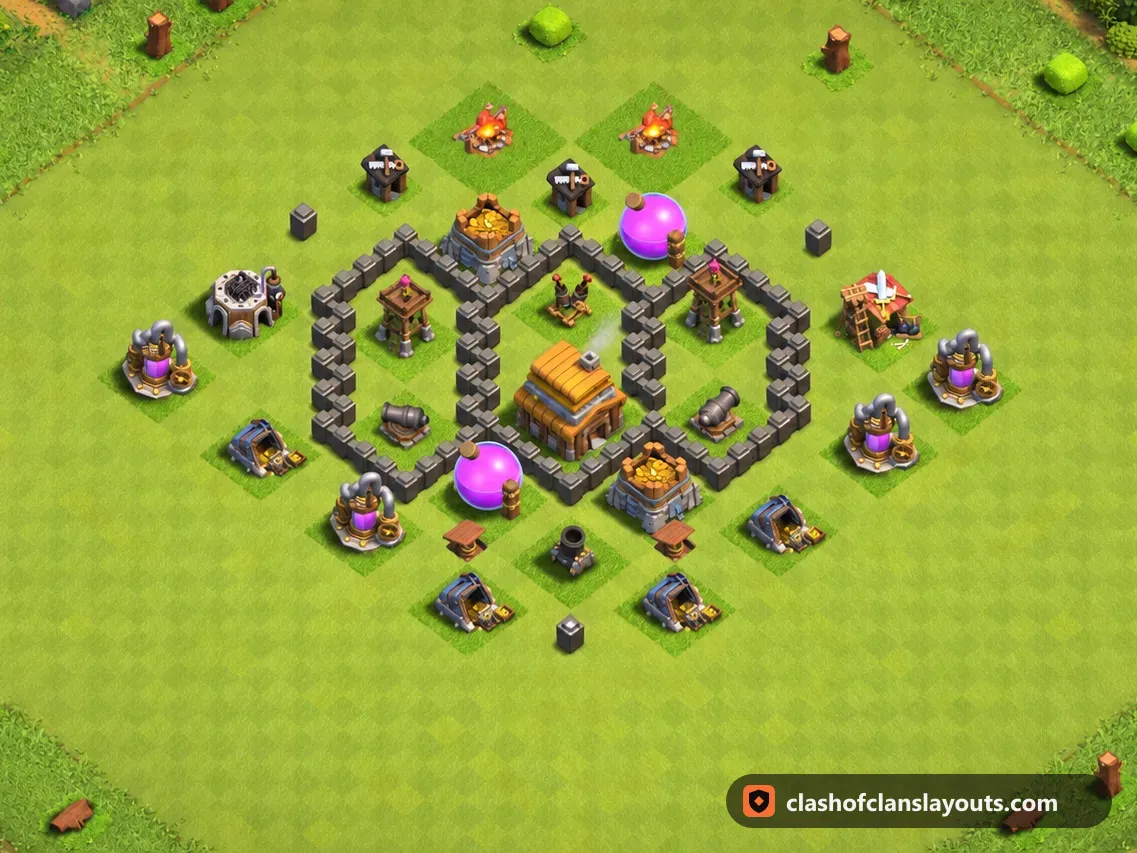 TH4 Farm Base Layout 111: Clash of Clans Town Hall 4 farm base layout, full base picture