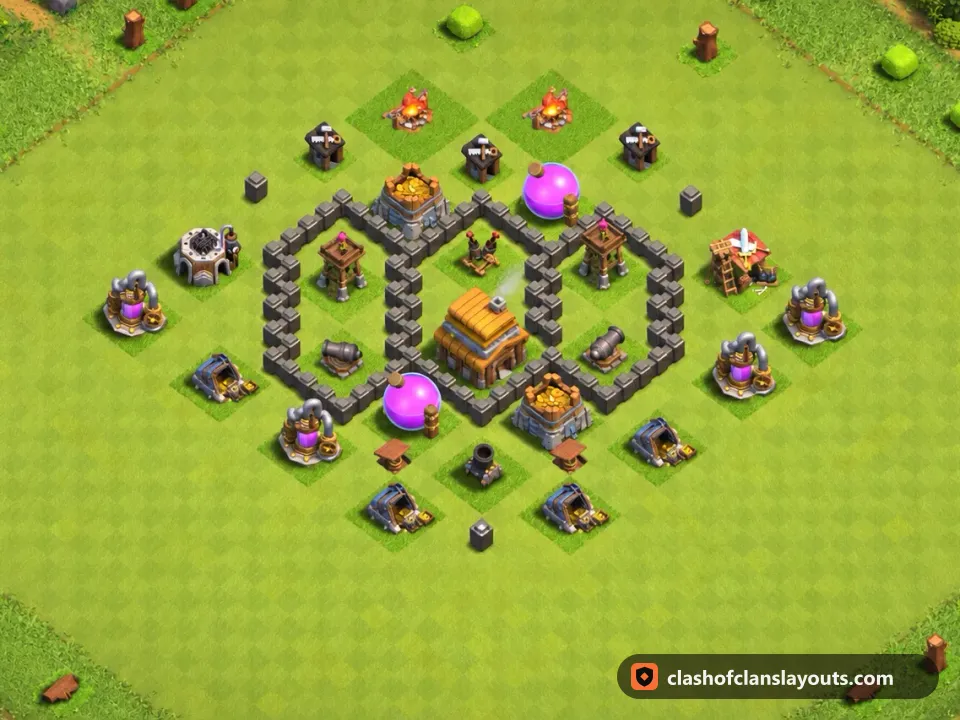 TH4 Farm Base Layout 111: Clash of Clans Town Hall 4 farm base layout, full base picture