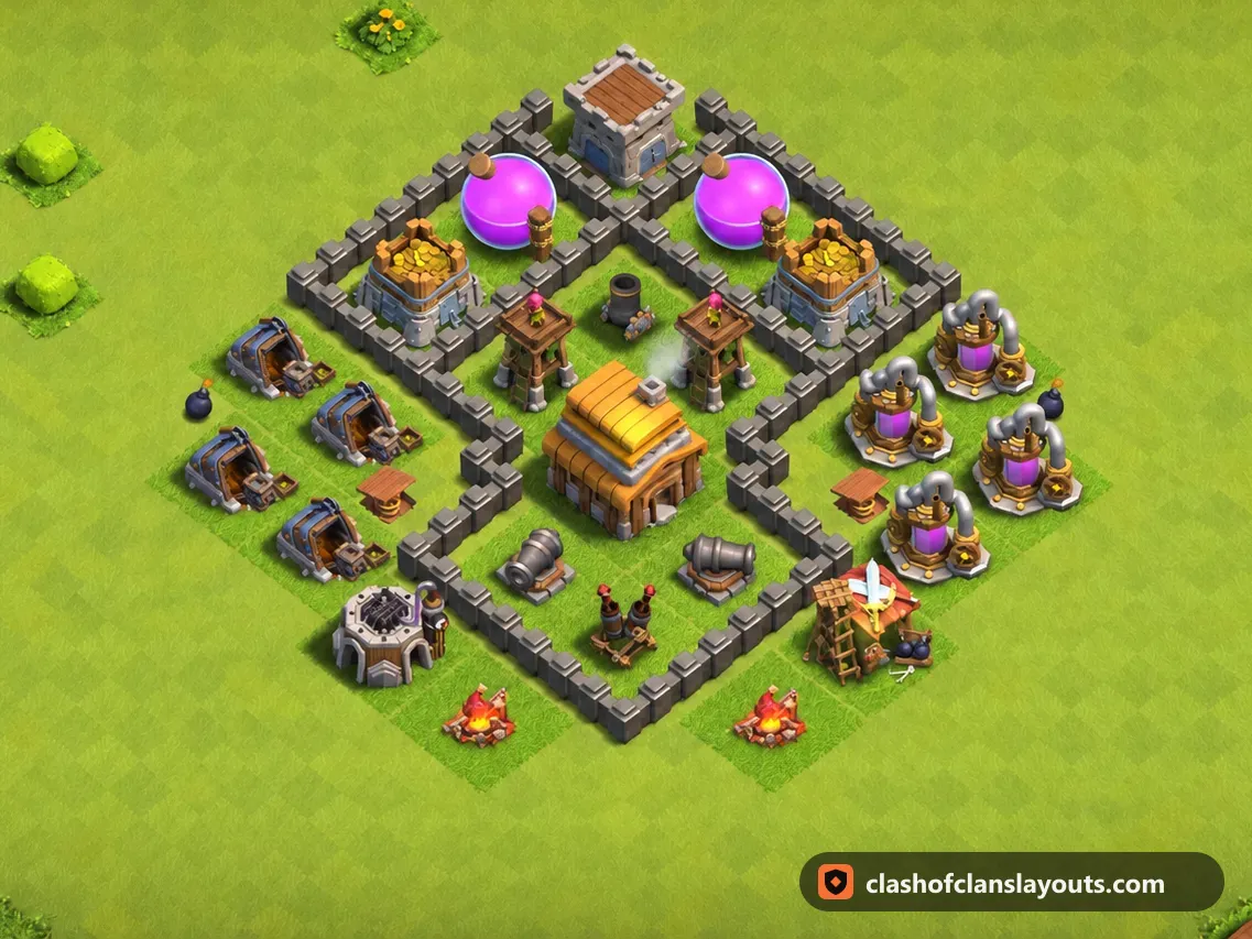 TH4 Farm Base Layout 112: Clash of Clans Town Hall 4 farm base layout, full base picture