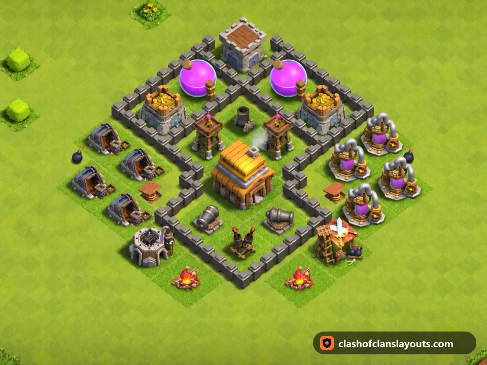 TH4 Farm Base Layout 112: Clash of Clans Town Hall 4 farm base layout, full base picture