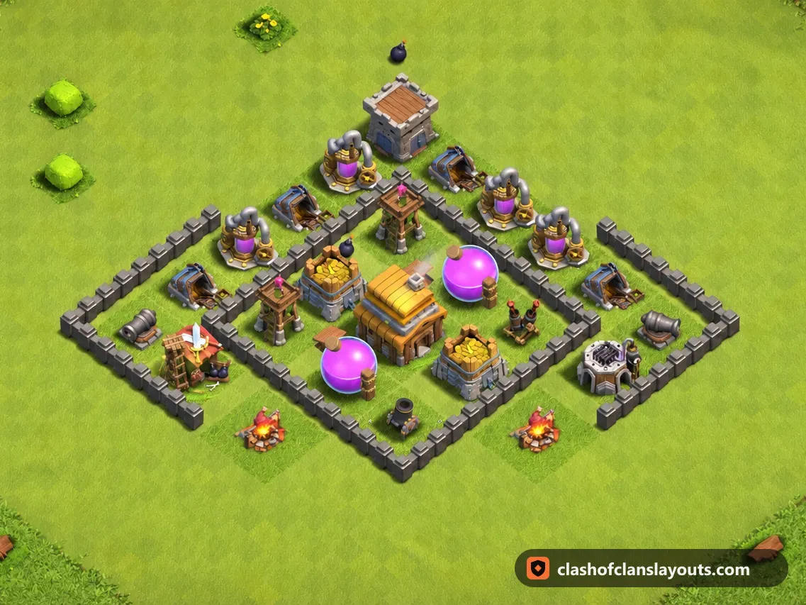 TH4 Farm Base Layout 114: Clash of Clans Town Hall 4 farm base layout, full base picture