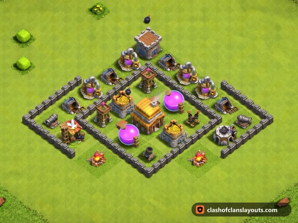 TH4 Farm Base Layout 114: Clash of Clans Town Hall 4 farm base layout, full base picture