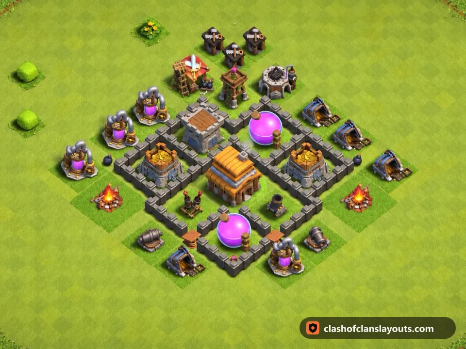 TH4 Farm Base Layout 115: Clash of Clans Town Hall 4 farm base layout, full base picture