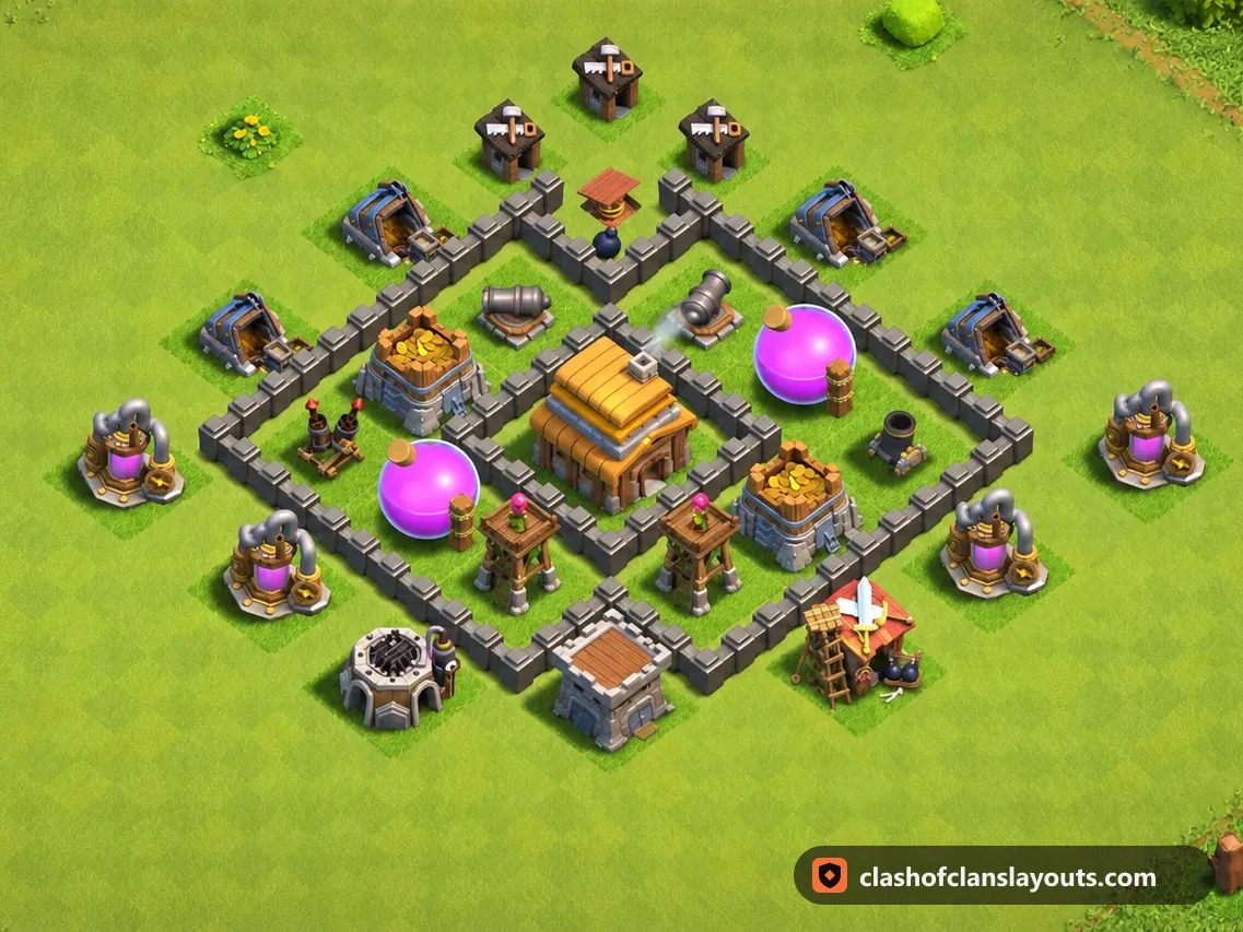TH4 Farm Base Layout 117: Clash of Clans Town Hall 4 farm base layout, full base picture