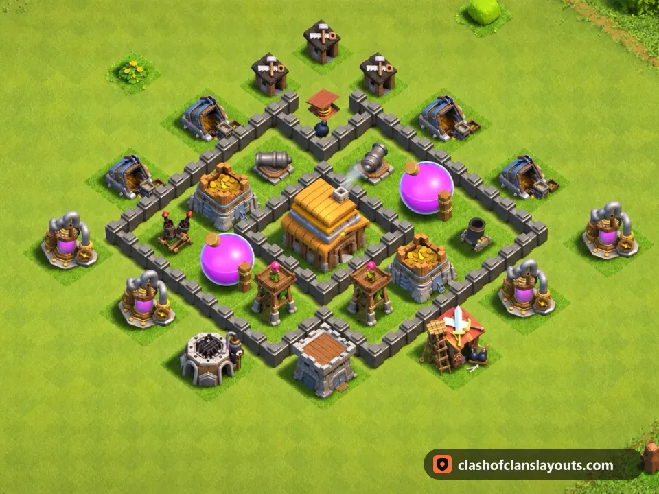 TH4 Farm Base Layout 117: Clash of Clans Town Hall 4 farm base layout, full base picture