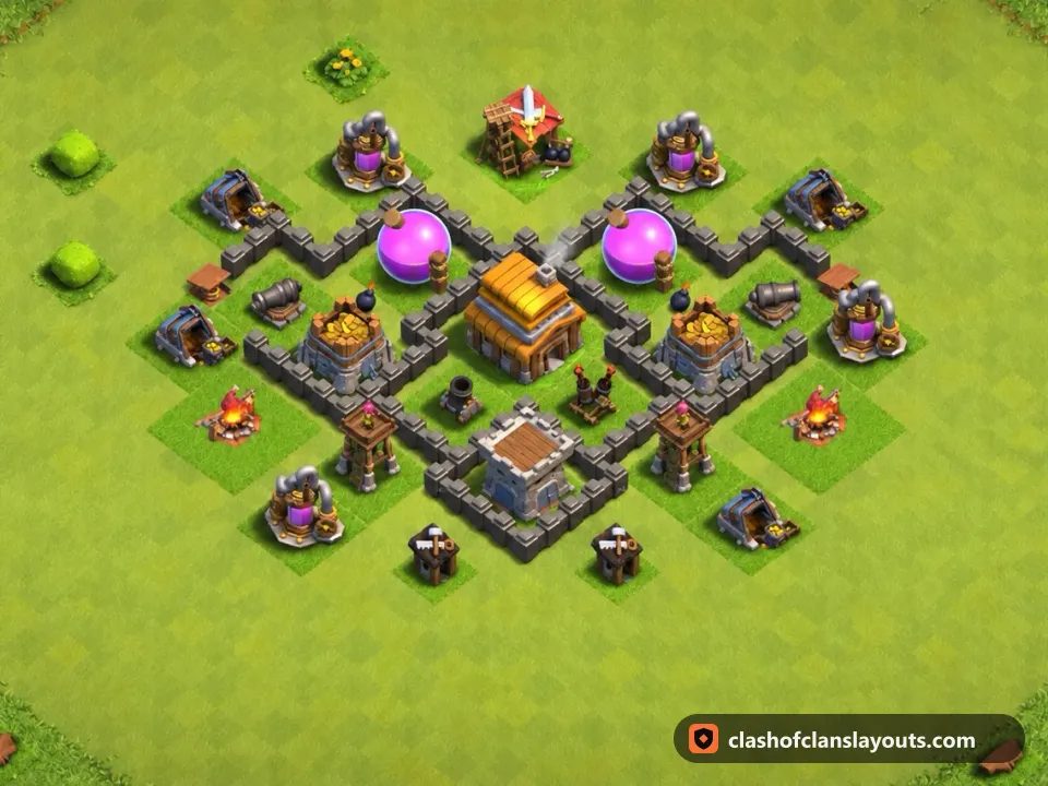 TH4 Farm Base Layout 118: Clash of Clans Town Hall 4 farm base layout, full base picture