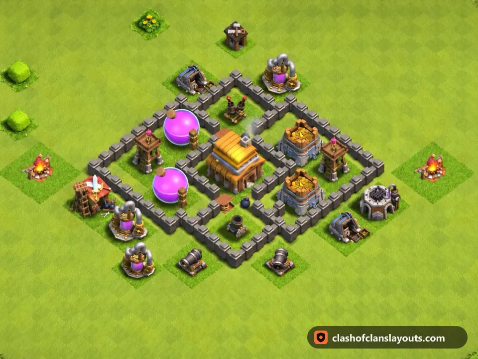 TH4 Farm Base Layout 119: Clash of Clans Town Hall 4 farm base layout, full base picture