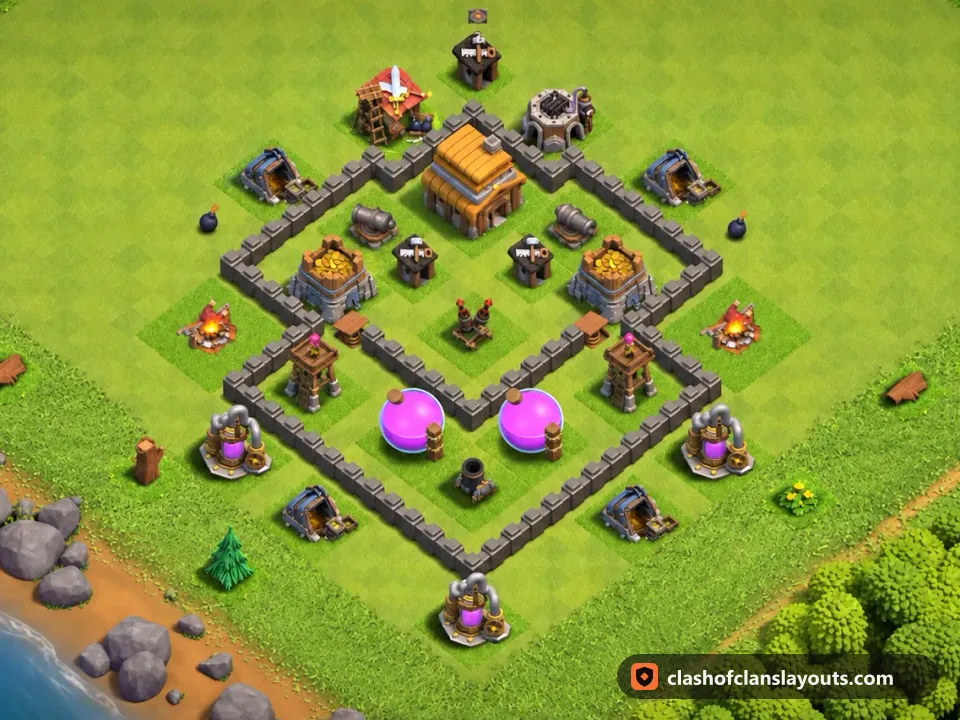 TH4 Farm Base Layout 120: Clash of Clans Town Hall 4 farm base layout, full base picture