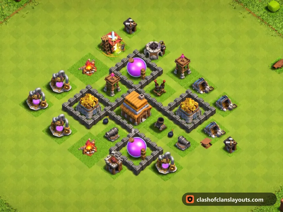 TH4 Farm Base Layout 121: Clash of Clans Town Hall 4 farm base layout, full base picture