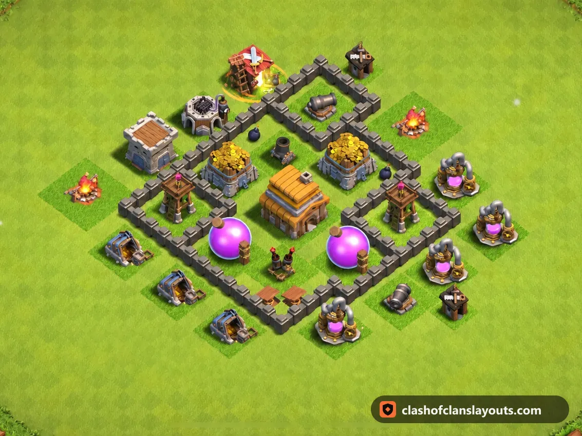 TH4 Farm Base Layout 122: Clash of Clans Town Hall 4 farm base layout, full base picture
