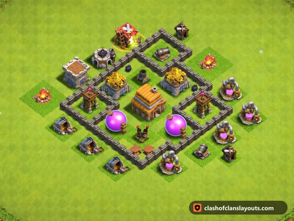 TH4 Farm Base Layout 122: Clash of Clans Town Hall 4 farm base layout, full base picture