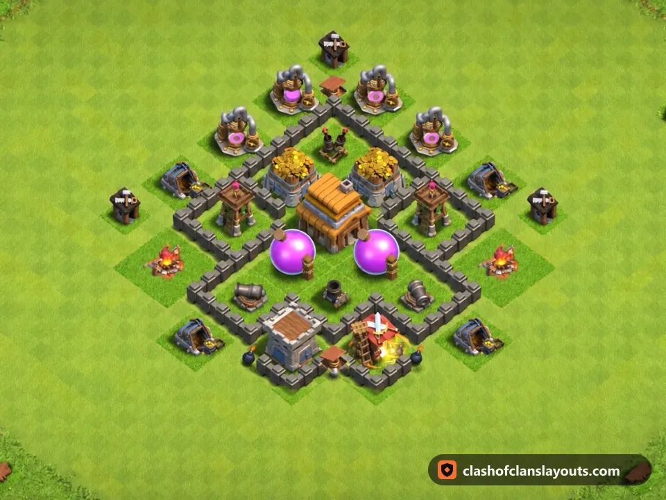 TH4 Farm Base Layout 123: Clash of Clans Town Hall 4 farm base layout, full base picture